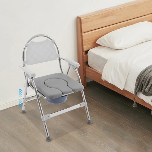 Toiletstol til ældre - Bækkenstol - Højdejusterbar 5 niveauer 86,5–96,5 cm - Maks belastning 150 kg - Rustfrit stål - Polstret sæde og spand - Hvid