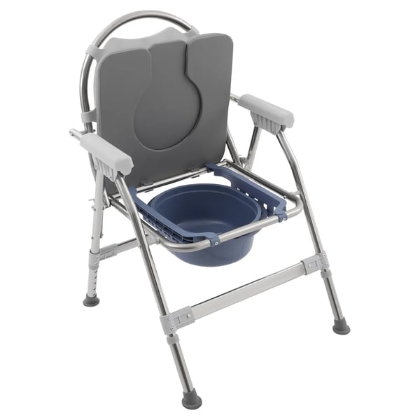 Toiletstol til ældre - Bækkenstol - Højdejusterbar 5 niveauer 86,5–96,5 cm - Maks belastning 150 kg - Rustfrit stål - Polstret sæde og spand - Hvid