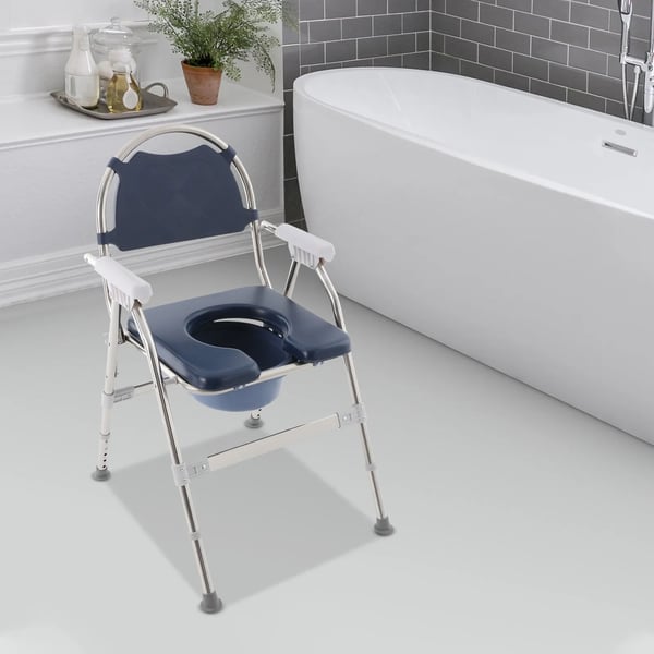 Toiletstol til ældre - Justerbar højde 86,5–96,5 cm 5 niveauer - Max 150 kg - Polstret sæde & spand - 108° åbning - Ramme i rustfrit stål - Blå