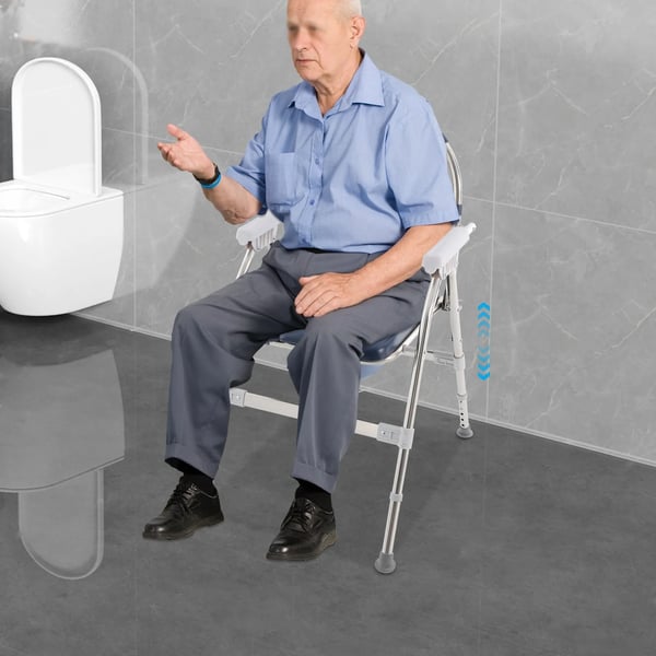 Toiletstol til ældre - Justerbar højde 86,5–96,5 cm 5 niveauer - Max 150 kg - Polstret sæde & spand - 108° åbning - Ramme i rustfrit stål - Blå