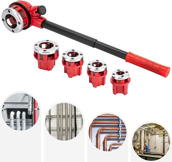 Rörgängsats - Handhållen rörgängare - 5 gänghuvuden 0,95/1,27/1,91/2,54/3,18 cm - Högkolstål - Elektropläterad, härdad - Röd