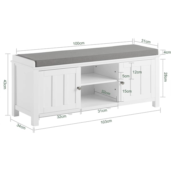 Skobænk med opbevaring - FSR35-W - 2 skuffer - Sædepude - MDF - 105x43x35 cm - Hvid