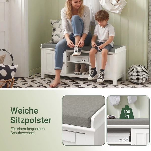 Skobænk med opbevaring - FSR35-W - 2 skuffer - Sædepude - MDF - 105x43x35 cm - Hvid
