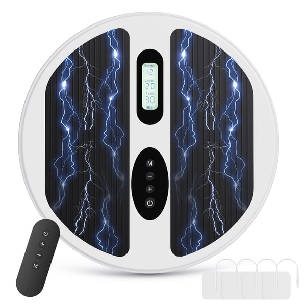 Blodcirkulationsstimulator - EMS fodmassager - Batteridrevet (batterier medfølger ikke) - Lindrer neuropati, knæ- og bensmerter - Bærbar - Hvid