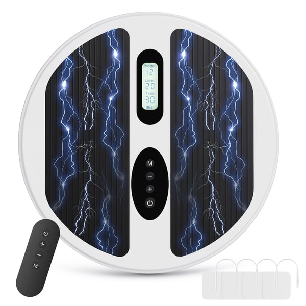 Blodcirkulationsstimulator - EMS fodmassager - Batteridrevet (batterier medfølger ikke) - Lindrer neuropati, knæ- og bensmerter - Bærbar - Hvid