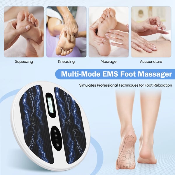 Blodcirkulationsstimulator - EMS fodmassager - Batteridrevet (batterier medfølger ikke) - Lindrer neuropati, knæ- og bensmerter - Bærbar - Hvid