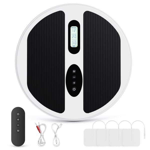 Blodcirkulationsstimulator - EMS fodmassager - Batteridrevet (batterier medfølger ikke) - Lindrer neuropati, knæ- og bensmerter - Bærbar - Hvid