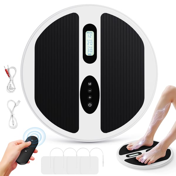 Blodcirkulationsstimulator - EMS fodmassager - Batteridrevet (batterier medfølger ikke) - Lindrer neuropati, knæ- og bensmerter - Bærbar - Hvid