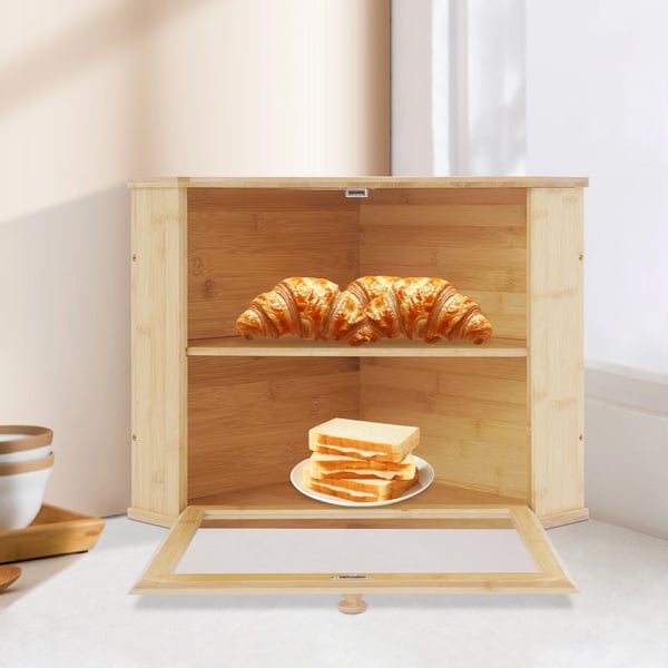 Brödlåda - 2-vånings brödförvaring - Stor kapacitet - Triangulär design - Klar fönsterruta - För köksbänk - Naturträ Beige