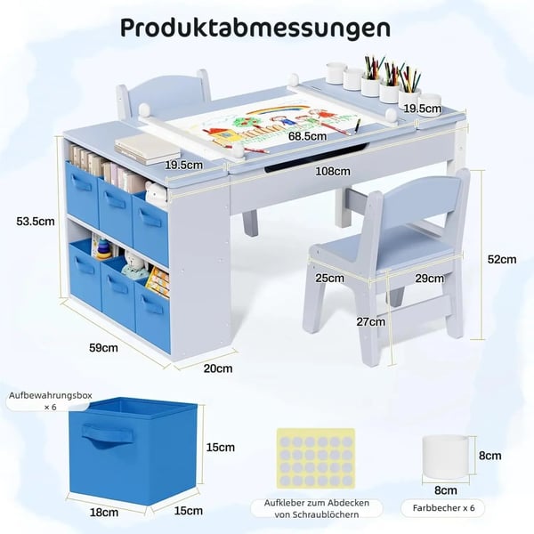 Børnetegnebord & stolesæt - 3-i-1 aktivitetsbord med staffeli - Træ - Højdejusterbar - Vippebart staffeli - 6 bokse & 6 malerkopper - Blå/grå