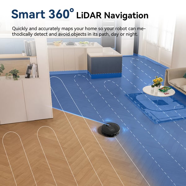 Robotstøvsuger - 2-i-1 Støvsugning & Moppe - 6000 Pa Sugkraft - LiDAR-navigation - 5 kort i realtid - WiFi/App-styring