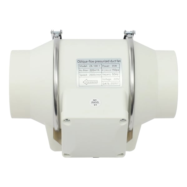Kanalventilator - In-line kanalventilator - Luftflow 220 m³/h - Diameter Ø 9,5 cm - Effekt 28 W - EU-stik 220 V - Væg- eller kanalmontering - Hvid