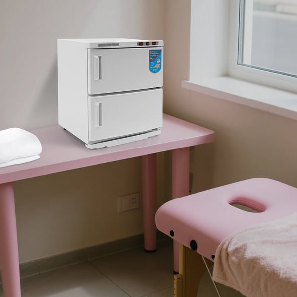 Håndklædevarmer - Elektrisk 2-etagers håndklædeskab - Kapacitet 50 L - Effekt 412 W - Sterilisering - AC 220 V 50 Hz - Rustfrit stål - Hvid