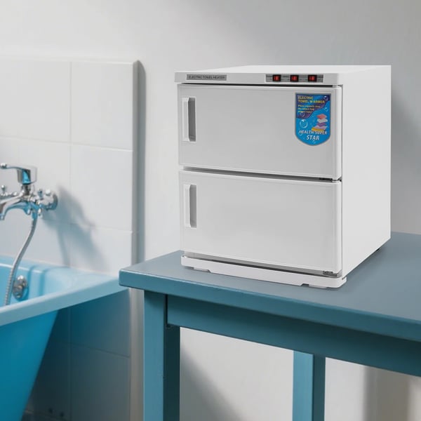 Håndklædevarmer - Elektrisk 2-etagers håndklædeskab - Kapacitet 50 L - Effekt 412 W - Sterilisering - AC 220 V 50 Hz - Rustfrit stål - Hvid