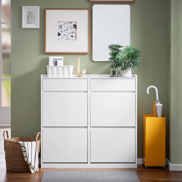 Skoskab - FSR169-W - Smalt - 4 vippelåger - 4 rum - 98×95×19 cm - Træ - Hvid