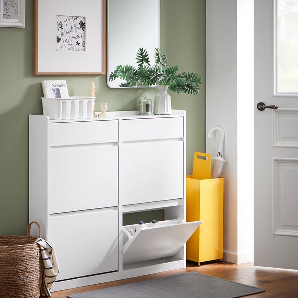 Skoskab - FSR169-W - Smalt - 4 vippelåger - 4 rum - 98×95×19 cm - Træ - Hvid