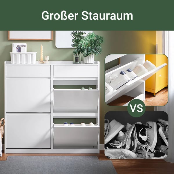 Skoskab - FSR169-W - Smalt - 4 vippelåger - 4 rum - 98×95×19 cm - Træ - Hvid