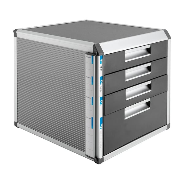 Bordskuffeskab - Organizer med 4 Skuffer - Låsbart - Aluminiumlegering & MDF - Mål 31,5×35×29,8 cm - Skuffehøjder 10/5 cm - Sølv Bordskuffeskab - Organizer med 4 Skuffer - Låsbart - Aluminiumlegering & MDF - Mål 31,5×35×29,8 cm - Skuffehøjder 10/5 cm - Sølv