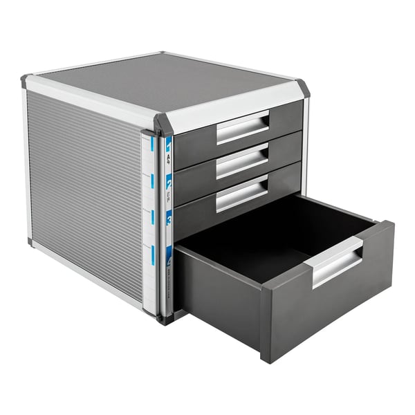 Bordskuffeskab - Organizer med 4 Skuffer - Låsbart - Aluminiumlegering & MDF - Mål 31,5×35×29,8 cm - Skuffehøjder 10/5 cm - Sølv
