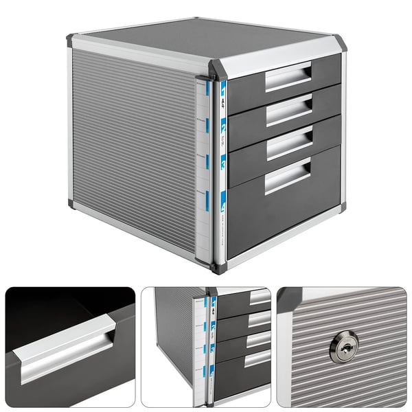 Bordskuffeskab - Organizer med 4 Skuffer - Låsbart - Aluminiumlegering & MDF - Mål 31,5×35×29,8 cm - Skuffehøjder 10/5 cm - Sølv