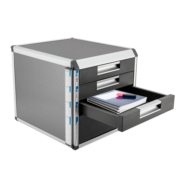 Bordskuffeskab - Organizer med 4 Skuffer - Låsbart - Aluminiumlegering & MDF - Mål 31,5×35×29,8 cm - Skuffehøjder 10/5 cm - Sølv