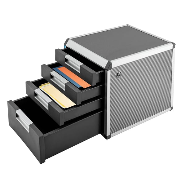 Bordskuffeskab - Organizer med 4 Skuffer - Låsbart - Aluminiumlegering & MDF - Mål 31,5×35×29,8 cm - Skuffehøjder 10/5 cm - Sølv