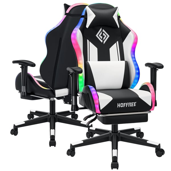 Gamingstol til børn 8–15 år - Gamerstol - LED-lys - Højdejusterbar - Fodstøtte - Lændestøtte - Armlæn - Læder - Hvid