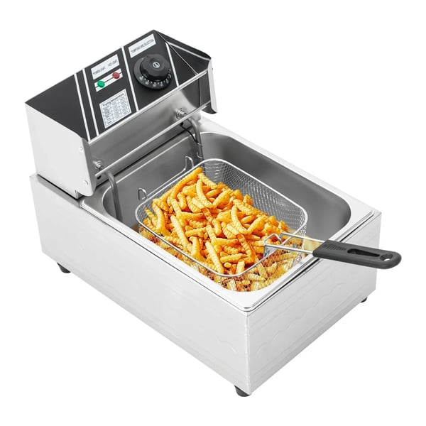 Elektrisk frituregryde - 6 L Rustfrit stål - 2500 W - 60–200°C Termostat - 220 V/50 Hz - Kurv og låg - Lysegul