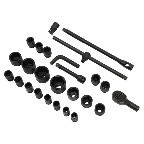 Topnøglesæt - Slagtoppe - 26 dele - 21–65 mm - 1,9 cm & 2,54 cm firkant - 45 højkulstofstål - Til bil & varevogn - Sort