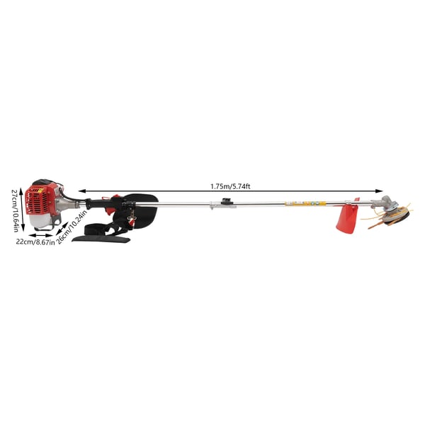 Benzindrevet græstrimmer/buskrydder - Encylindret 2‑takts luftkølet - 26 cm³ - 0,65 kW - 2 skærehoveder - Håndtag & skulderrem - Rød/Sølv