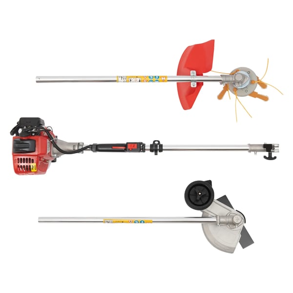Benzindrevet græstrimmer/buskrydder - Encylindret 2‑takts luftkølet - 26 cm³ - 0,65 kW - 2 skærehoveder - Håndtag & skulderrem - Rød/Sølv