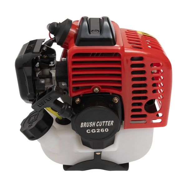 Benzindrevet græstrimmer/buskrydder - Encylindret 2‑takts luftkølet - 26 cm³ - 0,65 kW - 2 skærehoveder - Håndtag & skulderrem - Rød/Sølv