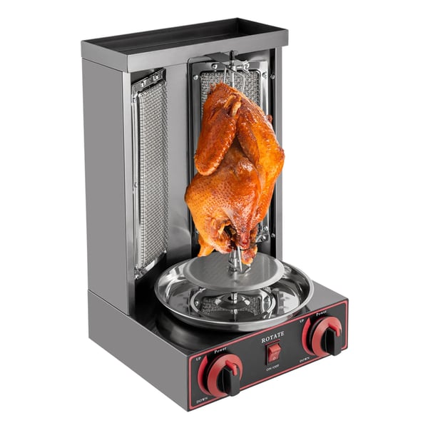 Döner kebab/shawarma grill - Lodret rotisseri - Gas - 2 brændere - Infrarød opvarmning - 360° rotation - Kapacitet 8 kg - Sort