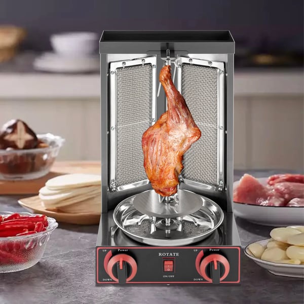 Döner kebab/shawarma grill - Lodret rotisseri - Gas - 2 brændere - Infrarød opvarmning - 360° rotation - Kapacitet 8 kg - Sort