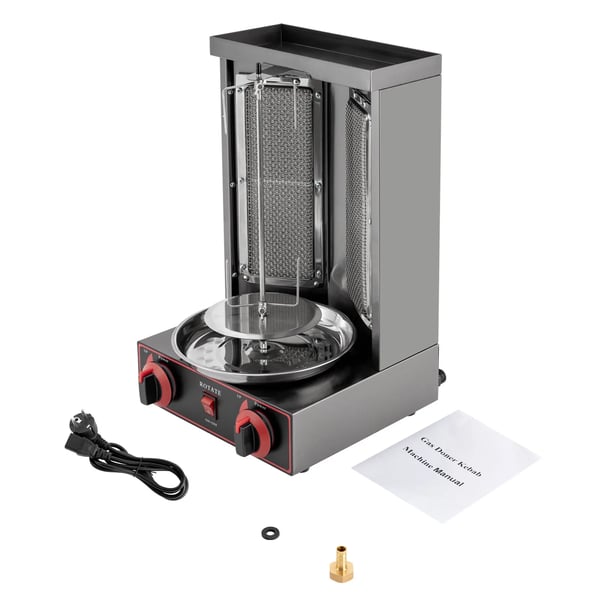 Döner kebab/shawarma grill - Lodret rotisseri - Gas - 2 brændere - Infrarød opvarmning - 360° rotation - Kapacitet 8 kg - Sort