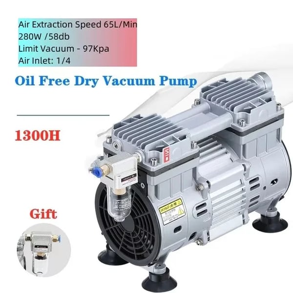 Öljytön tyhjiöpumppu - 1300H - Kaksimäntäinen, Kannettava, Hiljainen, 220V EU-pistoke, Korkeapaine, Laboratoriokäyttöön