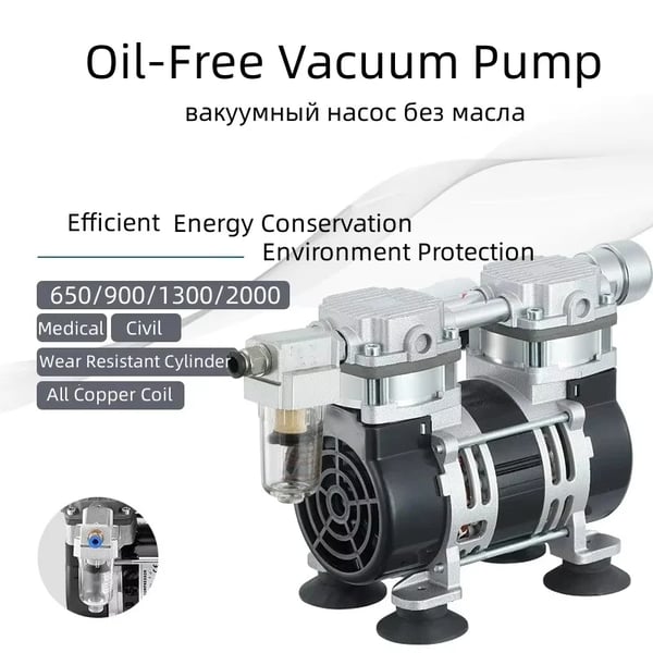 Öljytön tyhjiöpumppu - 1300H - Kaksimäntäinen, Kannettava, Hiljainen, 220V EU-pistoke, Korkeapaine, Laboratoriokäyttöön