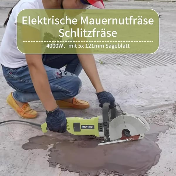 Vægfræser - Rilleskærer/Kanalskærer - 4000 W - 6500 o/min - Til beton og marmor - 5 klinger - EU-stik - Lysegrøn