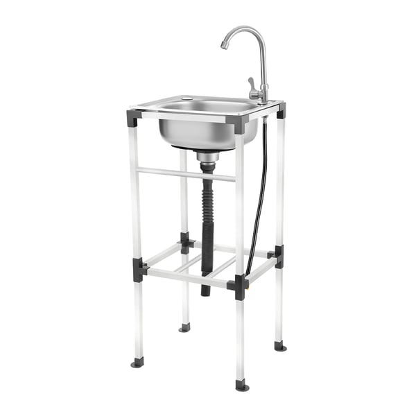 Vapaasti seisova rst-apuallas - Yksi allas 42×37 cm - Hana mukana - 360° kääntyvä kuuma/kylmä - Säilytyshylly - Kantavuus 60 kg - Valkoinen