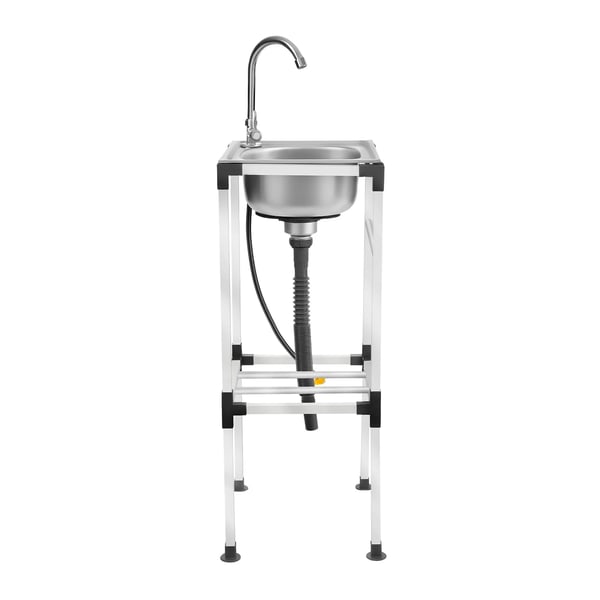 Fritstående grovvask i rustfrit stål - Enkelt kumme 42×37 cm - Med armatur - 360° svingbar varm/kold - Opbevaringshylde - Max 60 kg - Hvid