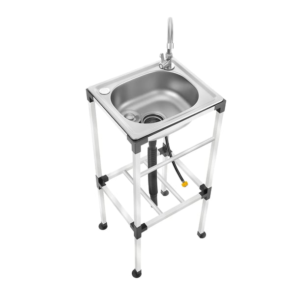 Fritstående grovvask i rustfrit stål - Enkelt kumme 42×37 cm - Med armatur - 360° svingbar varm/kold - Opbevaringshylde - Max 60 kg - Hvid