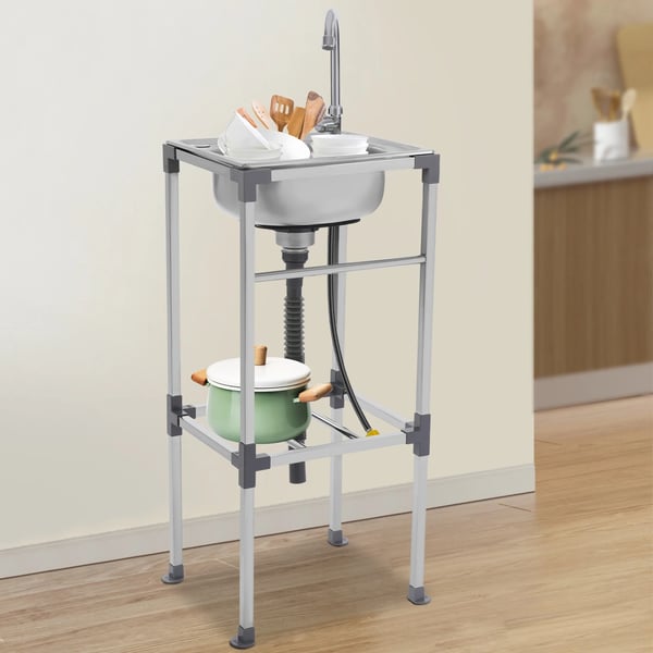 Fritstående grovvask i rustfrit stål - Enkelt kumme 42×37 cm - Med armatur - 360° svingbar varm/kold - Opbevaringshylde - Max 60 kg - Hvid