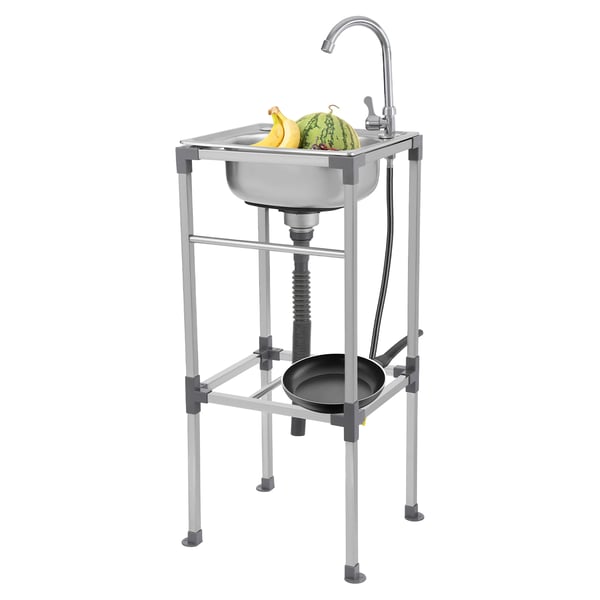 Fritstående grovvask i rustfrit stål - Enkelt kumme 42×37 cm - Med armatur - 360° svingbar varm/kold - Opbevaringshylde - Max 60 kg - Hvid