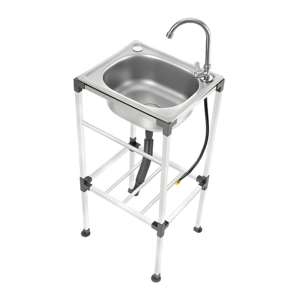 Fritstående grovvask i rustfrit stål - Enkelt kumme 42×37 cm - Med armatur - 360° svingbar varm/kold - Opbevaringshylde - Max 60 kg - Hvid