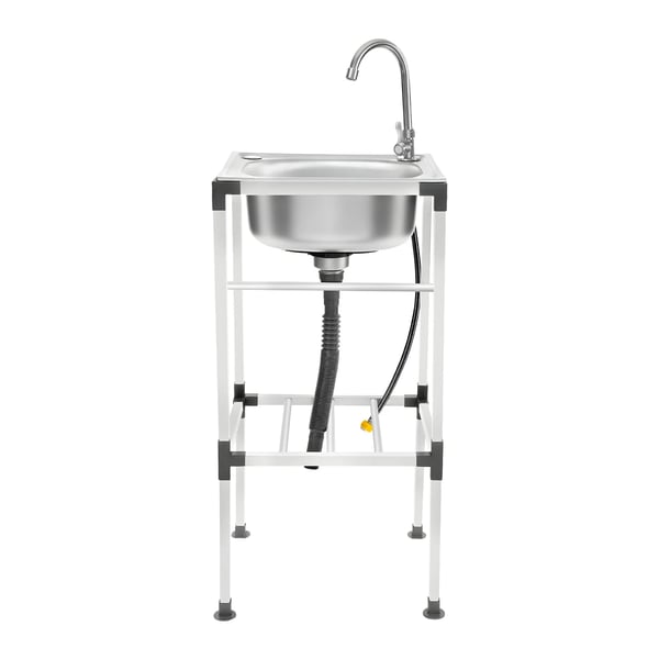 Fritstående grovvask i rustfrit stål - Enkelt kumme 42×37 cm - Med armatur - 360° svingbar varm/kold - Opbevaringshylde - Max 60 kg - Hvid