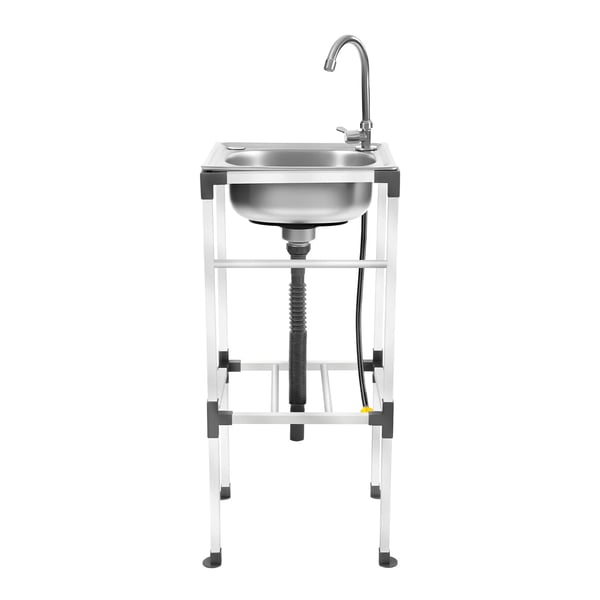 Fritstående grovvask i rustfrit stål - Enkelt kumme 42×37 cm - Med armatur - 360° svingbar varm/kold - Opbevaringshylde - Max 60 kg - Hvid