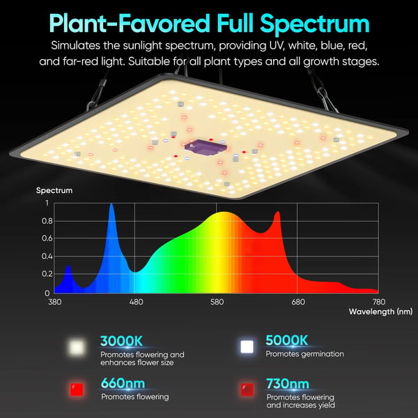 P1000 - LED Kasvivalo Grow Light - Täysspektri - Daisy Chain Useita Lamppuja - Himmennettävä 0–100% - 2 Koukkua - Sisäviljelyyn - Musta