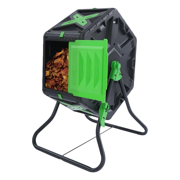 Kompostbeholder - Roterende Tumbler - Enkeltkammer - 70 l Kapacitet - Sekskantet Form - Sidelåge 27×21 cm - Sort + Grøn