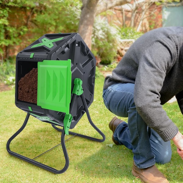 Kompostbeholder - Roterende Tumbler - Enkeltkammer - 70 l Kapacitet - Sekskantet Form - Sidelåge 27×21 cm - Sort + Grøn