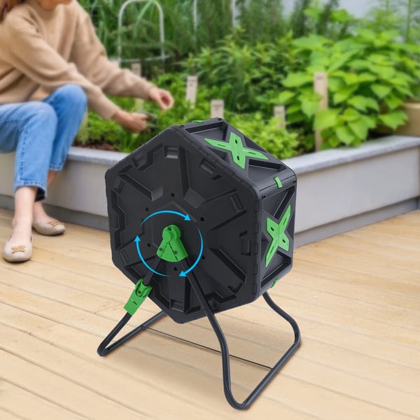 Kompostbeholder - Roterende Tumbler - Enkeltkammer - 70 l Kapacitet - Sekskantet Form - Sidelåge 27×21 cm - Sort + Grøn